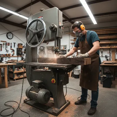 A crafter using a band saw to cut a large, thick piece of wood for a furniture component, demonstrating powerful, swift action, with good lighting, realistic style