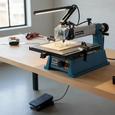 Bucktool 16-inch variable speed scroll saw with an included foot pedal on a workbench