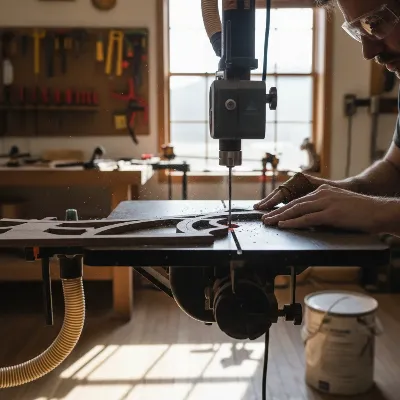 Delta 16-inch Scroll Saw performing intricate cuts on a wooden workpiece, showcasing precision and ease of use in a workshop setting.