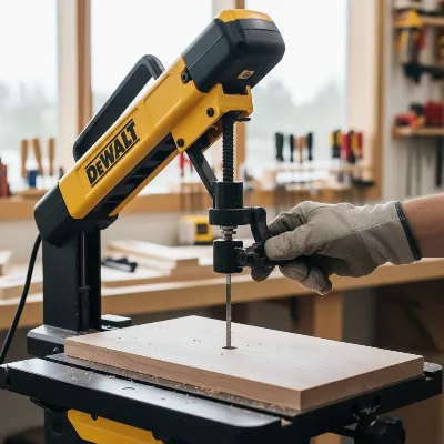 DeWalt DW788 scroll saw showing the tool-free blade change mechanism and an operator easily installing a blade for an internal cut.