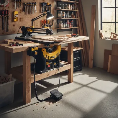 Dewalt DW788 20-inch variable speed scroll saw in a woodworking shop with a foot pedal accessory