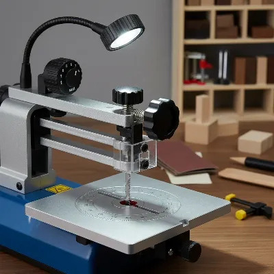 A close-up shot of a mini scroll saw highlighting key features like the blade tension knob, variable speed dial, LED work light, and tilting table, in a well-organized crafting space
