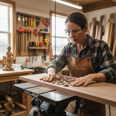 Professional woodworker using an Excalibur 21 Inch Tilting Head Scroll Saw for intricate joinery