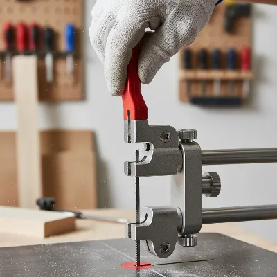 Close-up of a scroll saw's tool-free blade change mechanism