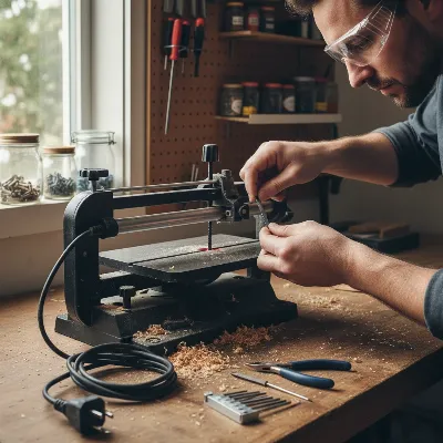 Worker safely changing a scroll saw blade with power off