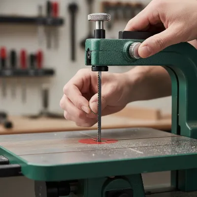 Close-up of a hand adjusting a scroll saw blade tension knob, highlighting proper blade setup for vibration reduction.