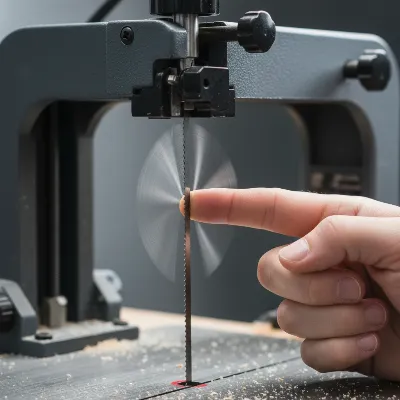 Hand plucking a scroll saw blade to check tension for a "ping" sound