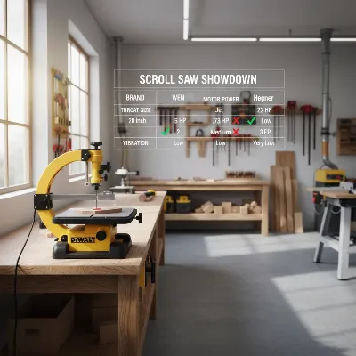 A comparative table showcasing key features of different scroll saw brands, with examples of specific models, realistic workshop background