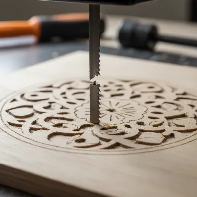 A close-up of a broken scroll saw blade snapped in the middle of a wooden workpiece, illustrating frustration and project interruption.