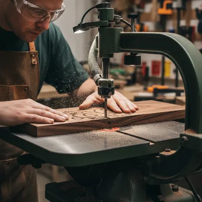 A professional woodworker demonstrating a precise cutting technique on a heavy-duty scroll saw, emphasizing focus and control.