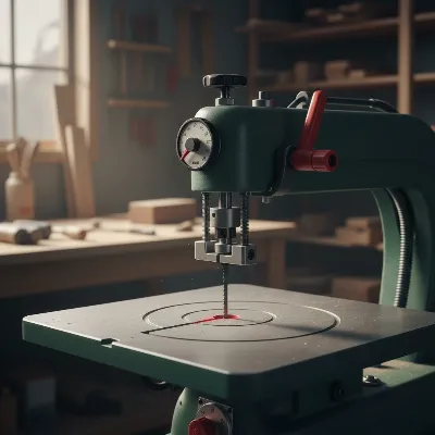 Close-up of a heavy-duty scroll saw highlighting its robust cast iron table, variable speed controls, and quick-release blade clamp for professional use.