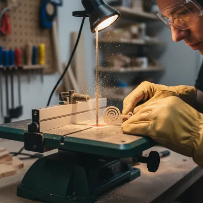 A close-up view of a crafter's hands guiding a delicate wooden piece through a scroll saw blade to create intricate fretwork, with sawdust gently blowing away, bright workshop lighting, realistic style