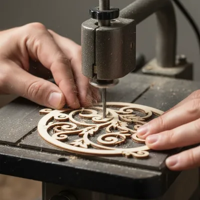 A scroll saw in action, cutting an intricate design into a wooden workpiece