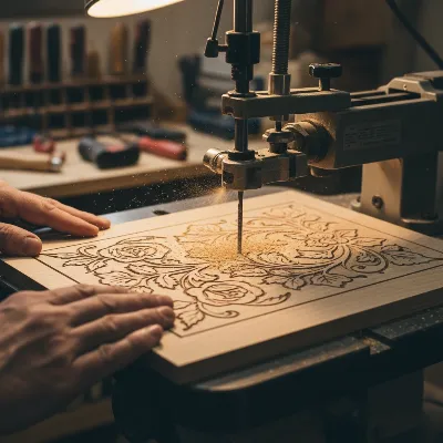 A close-up of a scroll saw in action, cutting an intricate pattern into a thin wooden board, with sawdust blowing away, realistic style