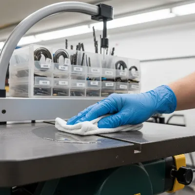 A person performing routine maintenance on a scroll saw, wiping down the cast iron table with a cloth and lubricating it, with various scroll saw blades in a storage container nearby.