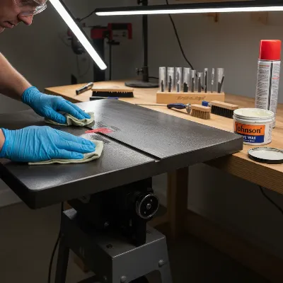 A person cleaning and lubricating a scroll saw table with a cloth and paste wax, tools and sawdust visible, clean workshop setting, realistic style
