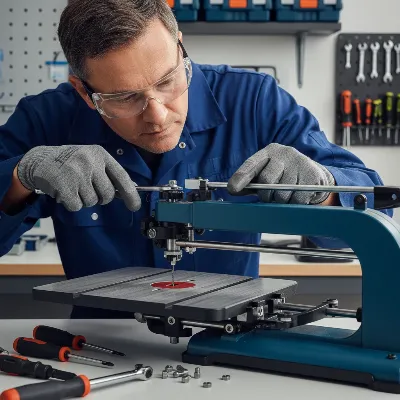 A technician inspecting various components of a scroll saw, checking for loose parts and proper alignment to prevent vibration.