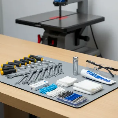 Scroll saw maintenance tools and safety glasses on a workbench with a scroll saw