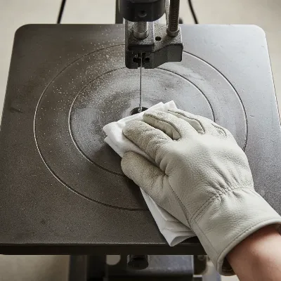 A person performing routine maintenance on a scroll saw, wiping down the table and checking blade tension.