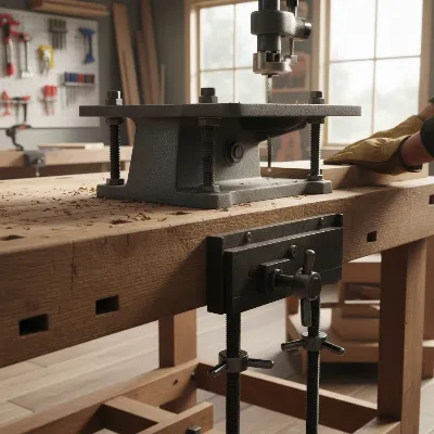A scroll saw securely bolted to a heavy, sturdy wooden workbench, demonstrating stability and reduced vibration.